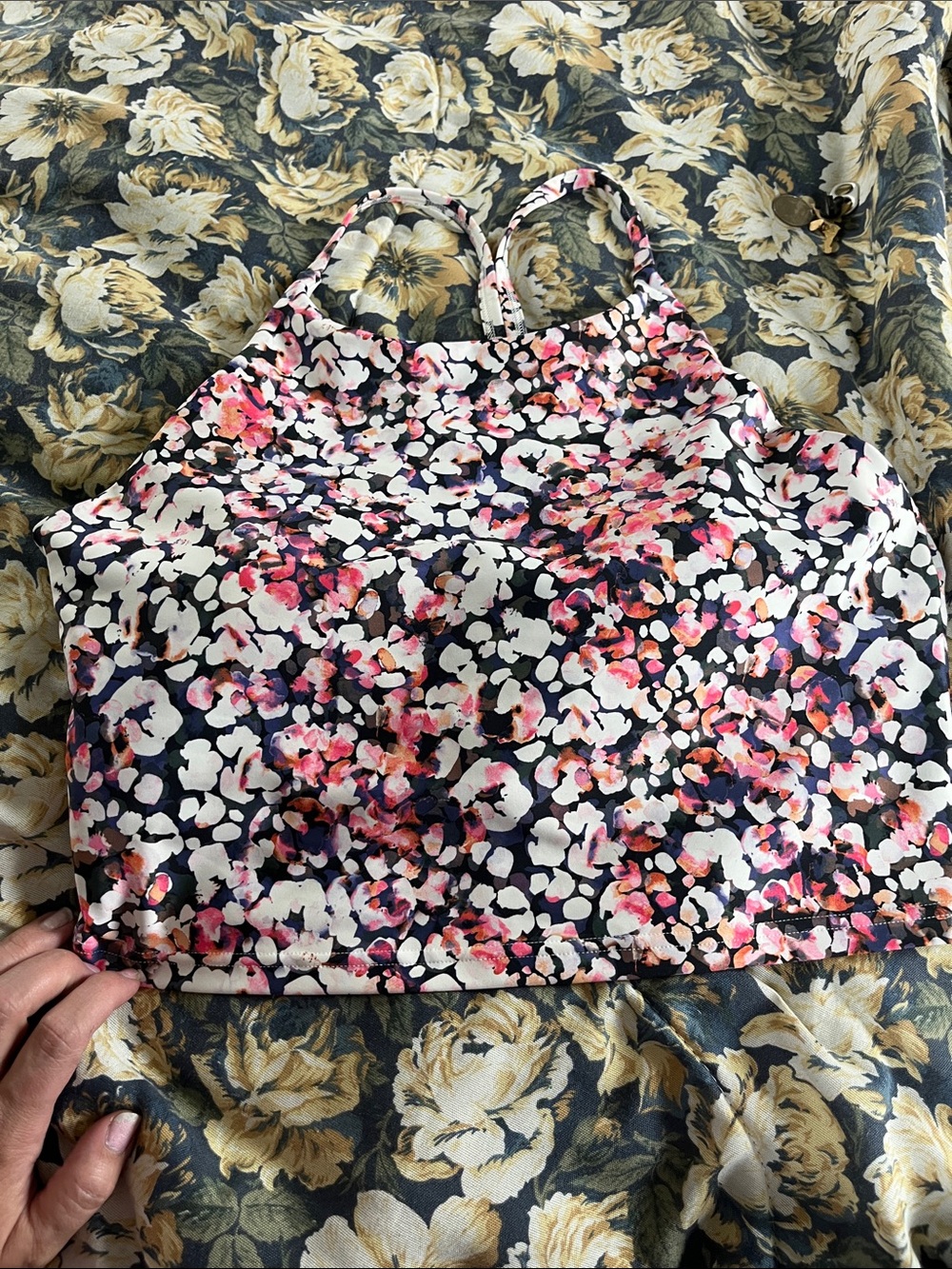 Floral Print Strappy long sports bra - Navy/Pink